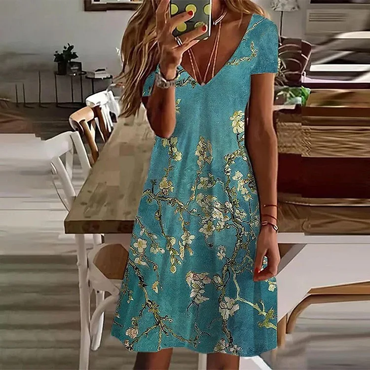 Art Floral Printed Casual Short Sleeve Midi Dress