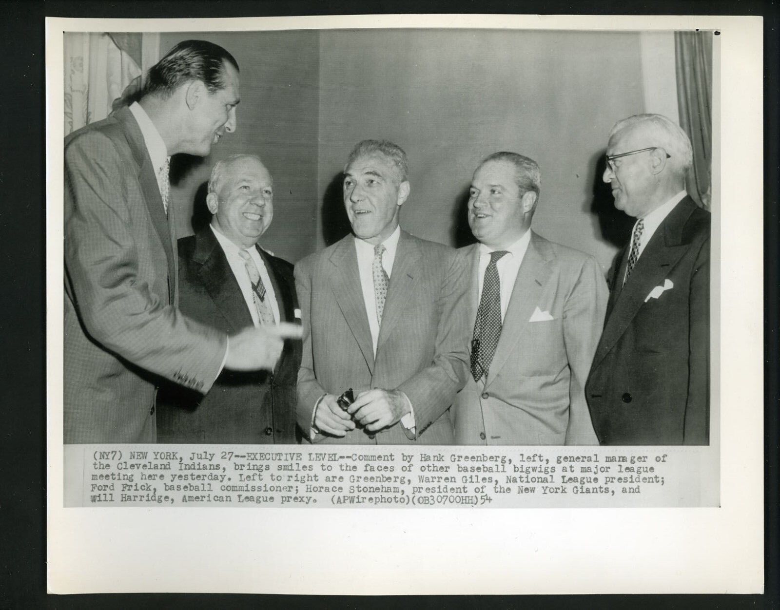 Hank Greenberg Warren Giles Ford Frick Horace Stoneham 1954 Press Photo Poster painting Indians