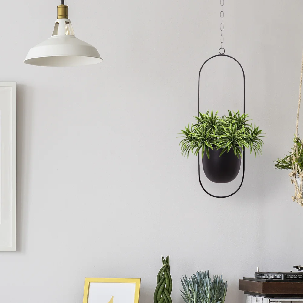 Nordic Hanging Iron Flower Pot Garden Succulent Chain Hanger Basket (Black)
