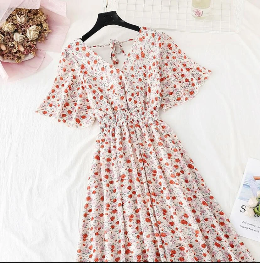 Summer Vintage Floral Chiffon Long Dress Sexy V-neck Ruffle Boho Dresses 2021 Elegant Women Party Short sleeve Dress Vestidos