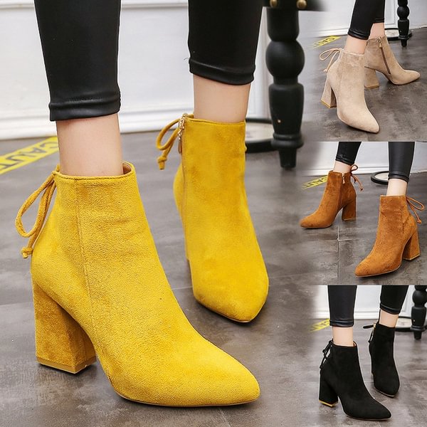 Womens Fashion Ankle Boots Pointed Toe High Chunky Heel Boots Casual Back Strap Suede Short Boots For Female - Shop Trendy Women's Clothing | LoverChic