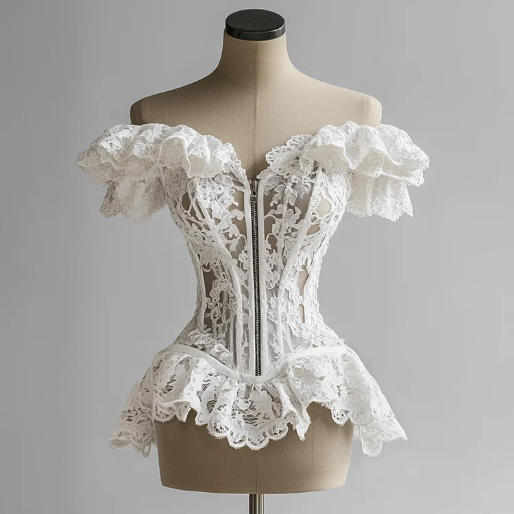Ursime Lace Ruffle Off Shoulder Zip Up Blouse