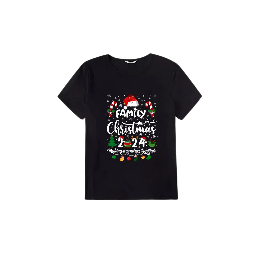 "FAMILY CHRISTMAS 2024 Making Memories Together" with Various Christmas Decorations - Black Short Sleeve with Red & Black Plaid Pant Family Matching Pajamas