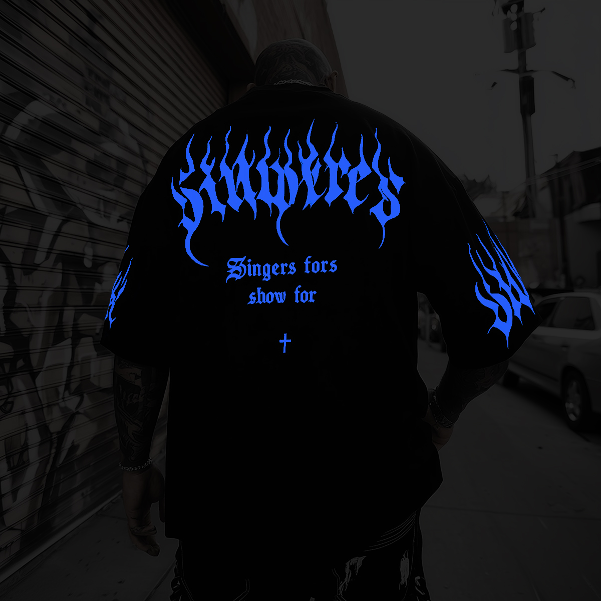 Luminous Gothic Typography And Cross Oversized Cotton T-Shirt