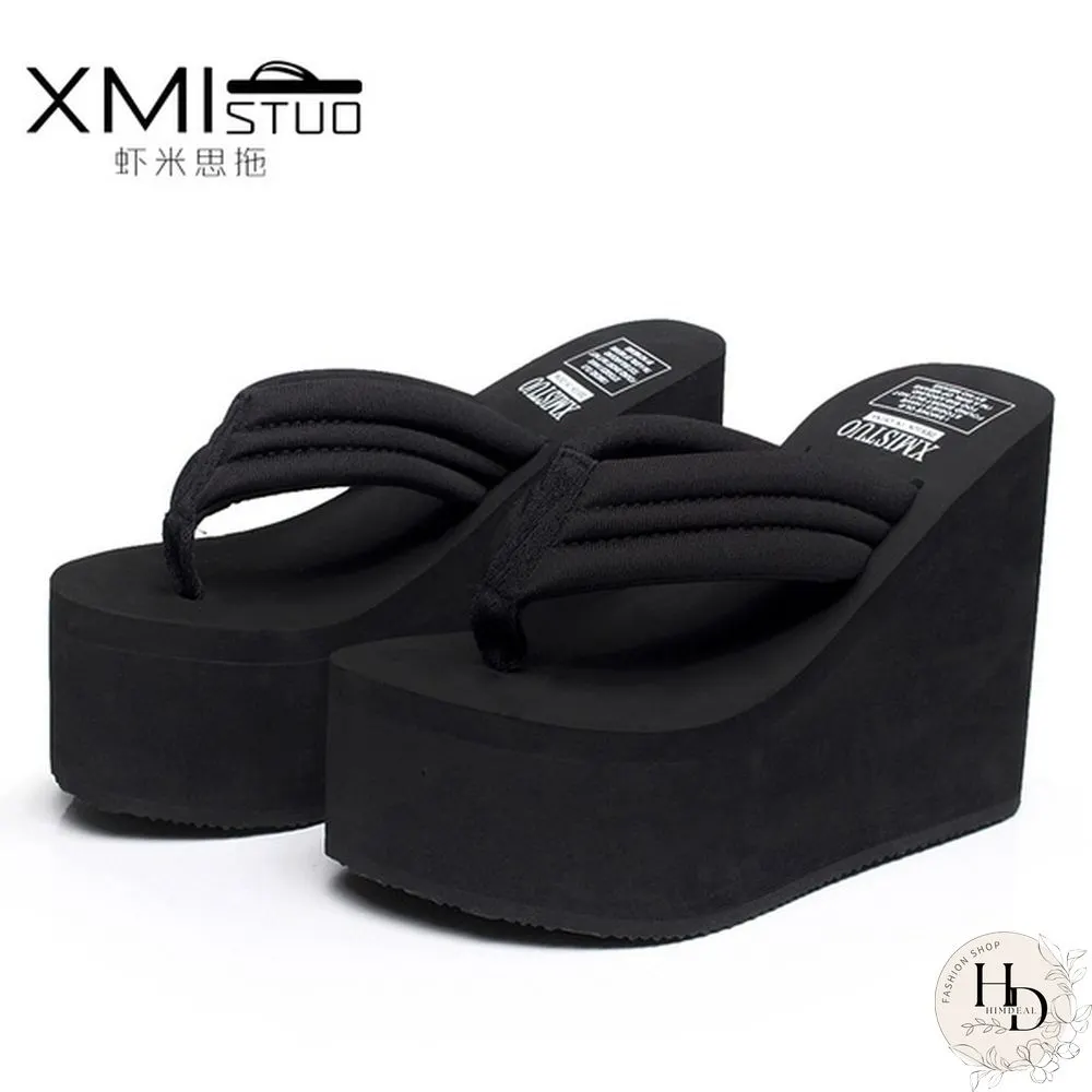 Women Summer Slipper Soild Wedge Platform Flip Flops High Heels Beach Sandals Ladies Thick High