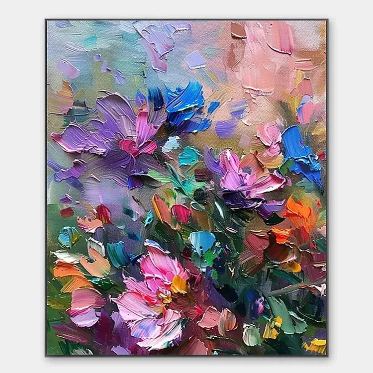 COLORFUL BLOOM: Vertical Impasto Floral Painting in Vibrant Colors（Canvas painting）