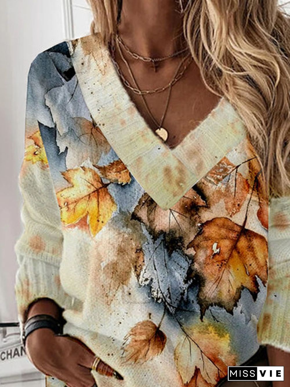 V Neck Casual Leaf Printed Wool/Knitting Plus Size Sweater