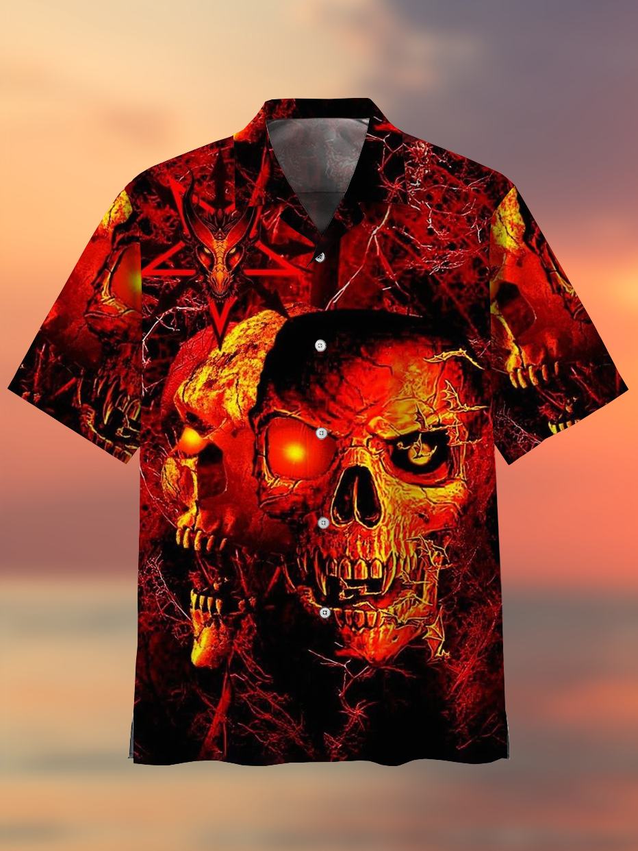 Attractive horror skull Cuban collar print shirt PLUSCLOTHESMAN