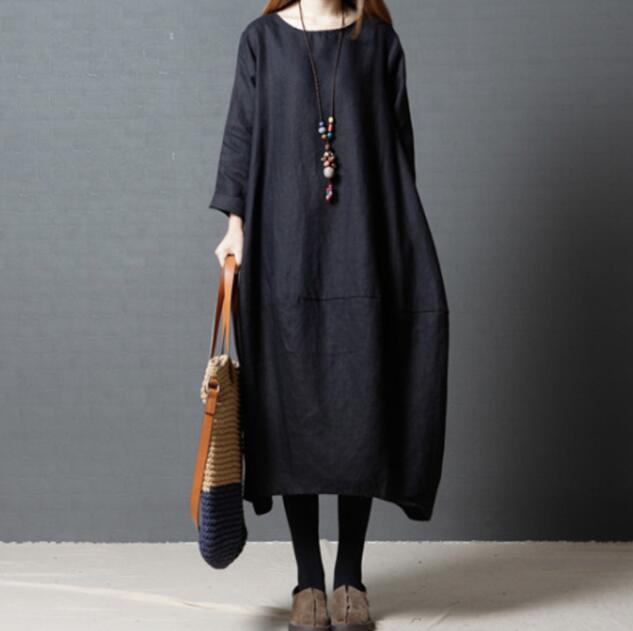 Autumn Shirt Dress Long Sleeve Women Clothing Oversize Vintage Cotton Linen Solid Elegant Lady Casual Loose Long Dresses