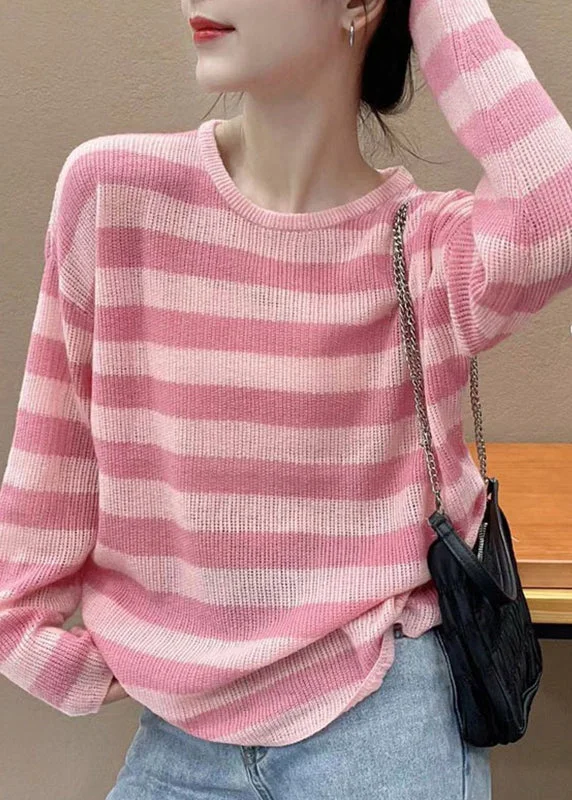 Elegant Pink Striped O Neck Cozy Knit Top Long Sleeve