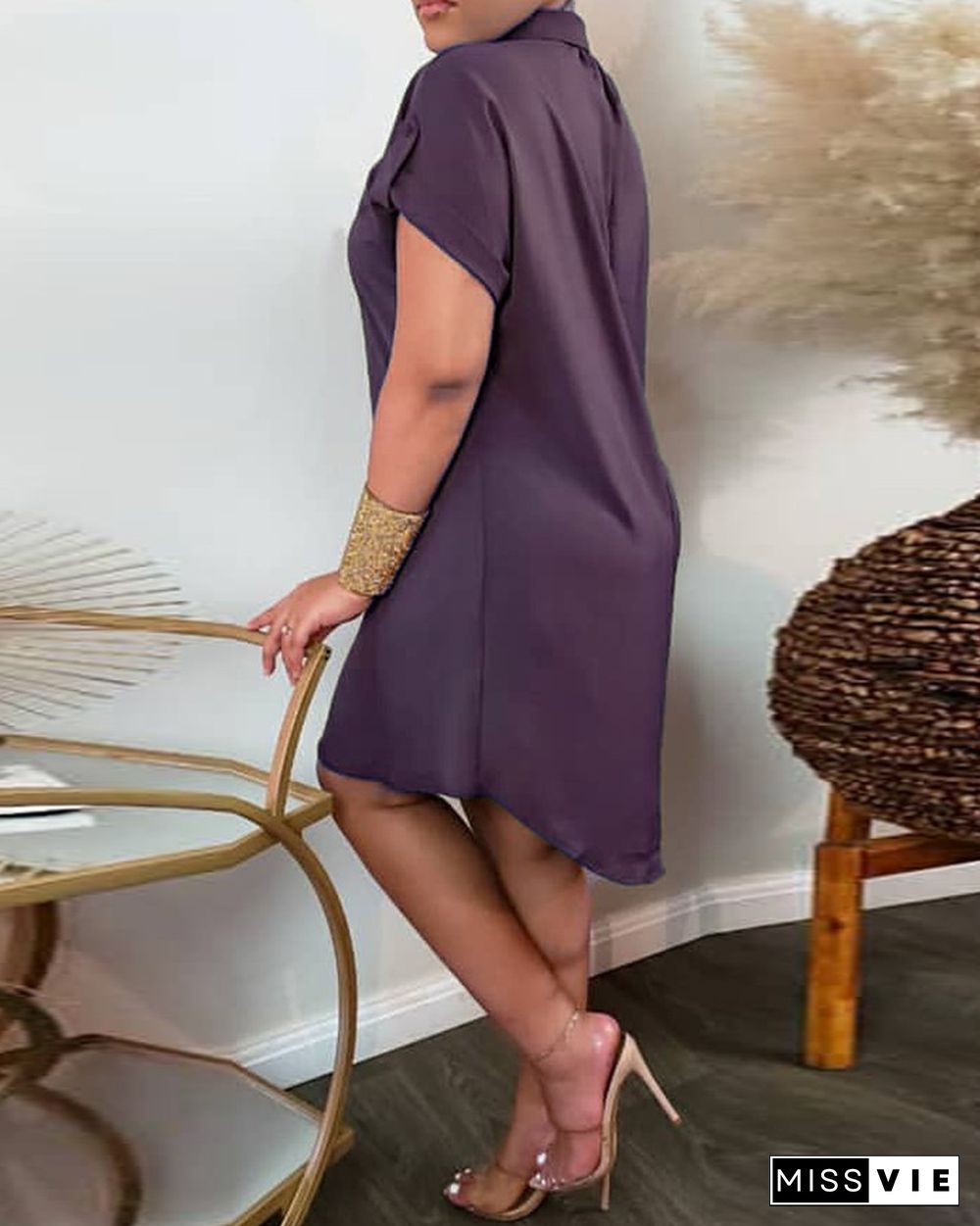 Plain Short Sleeve Casual Shirt Dress