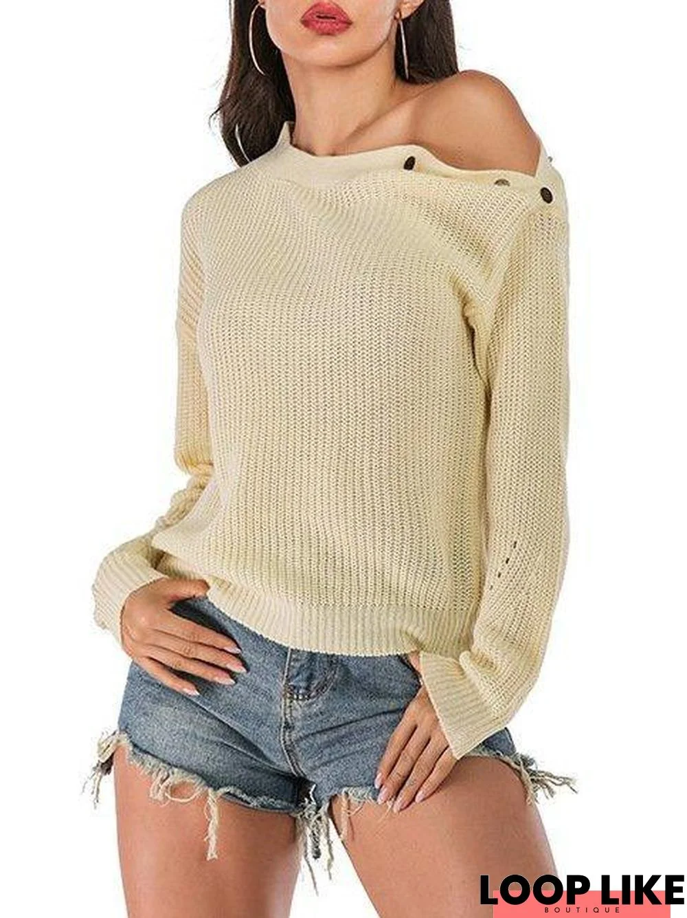 Apricot Casual Off Shoulder Solid Tops
