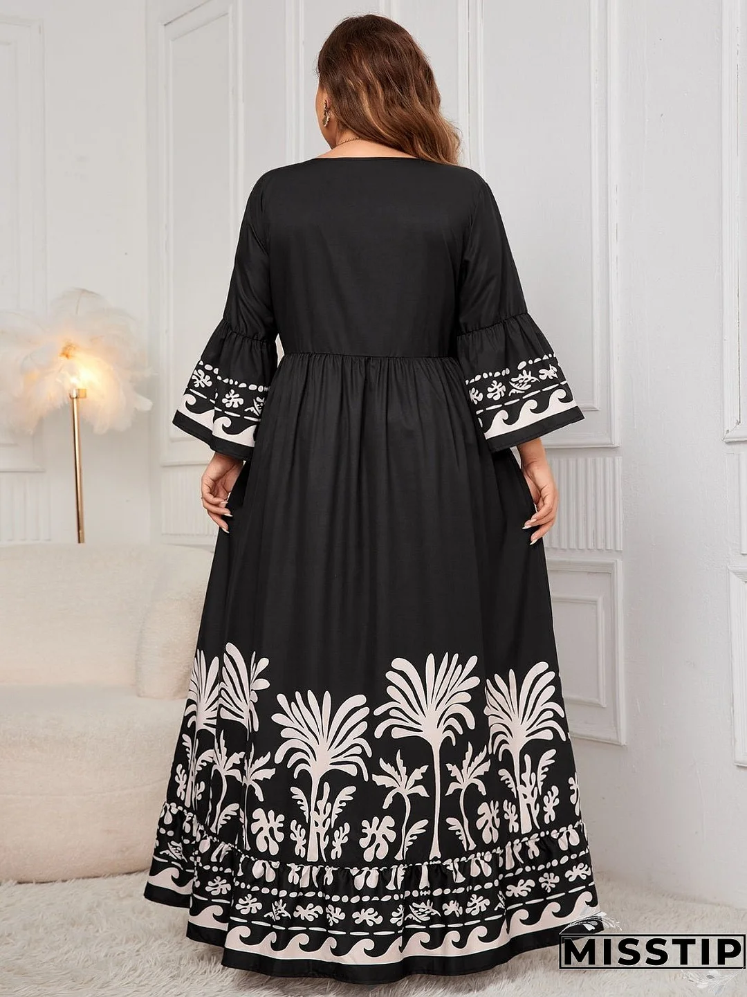 Plus Size Printed V-Neck Long Sleeve Maxi Dress
