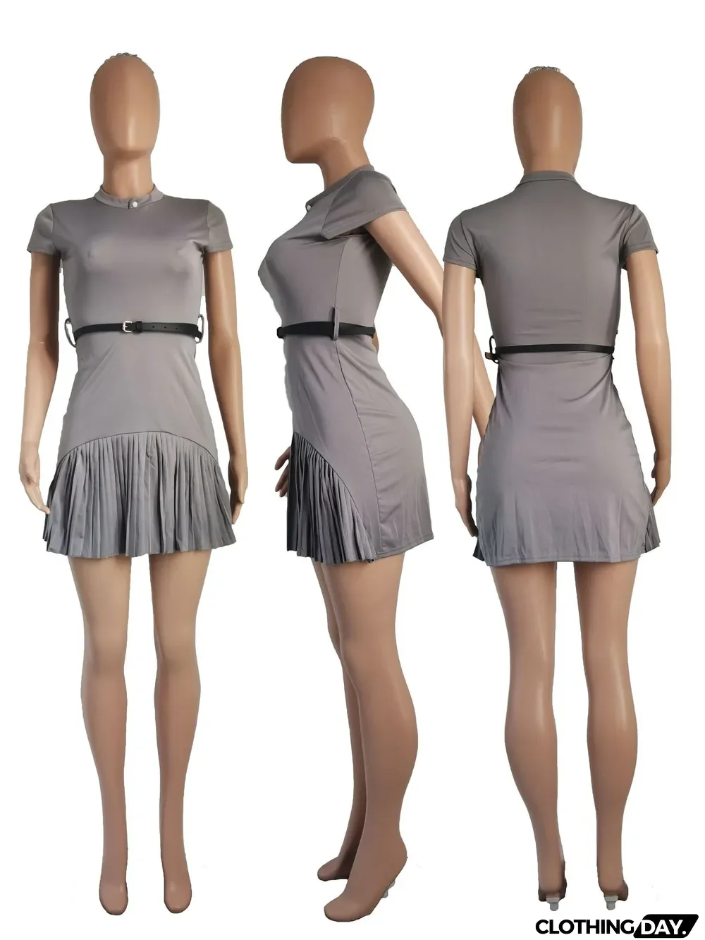 Sexy Short Sleeve Pleated Mini Dress With Belt