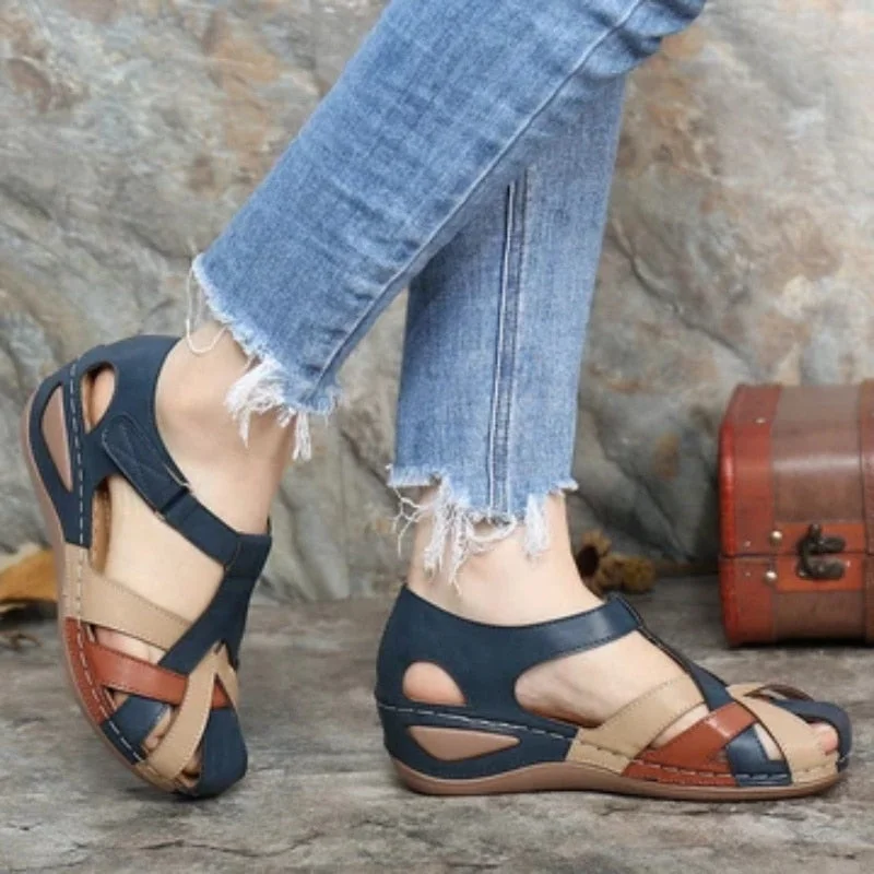 Vstacam Summer Women Sandals Soft Sole Closed Toe Wedges Shoes Hollow Out Non Slip Pu Leather Platform Sandals Mixed Color Women Shoes