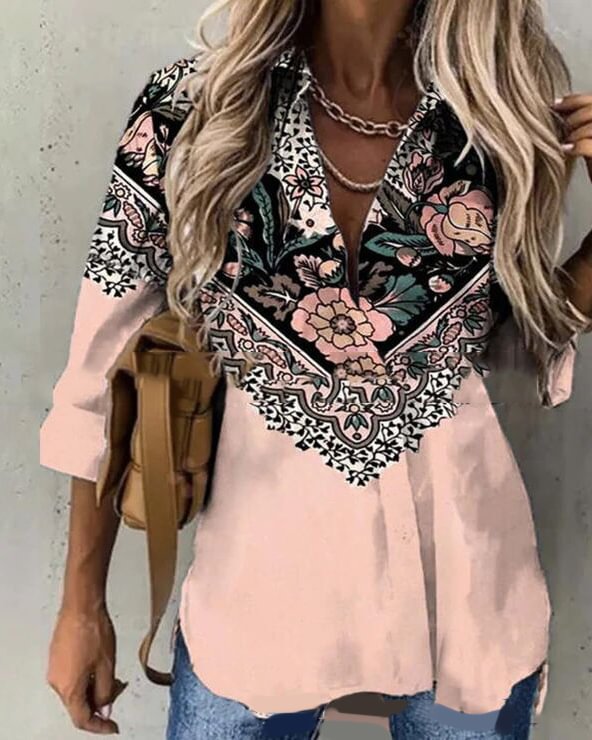Fashion Print Lapel Long Sleeve Shirt