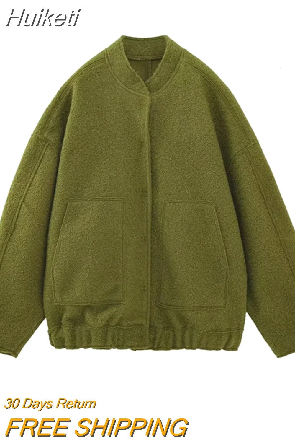 Huiketi 2023 New Spring Autumn Women's Solid Woolen Coat Button Long Sleeve Pocket Bomber Jacket Female Casual Loose Streetwear
