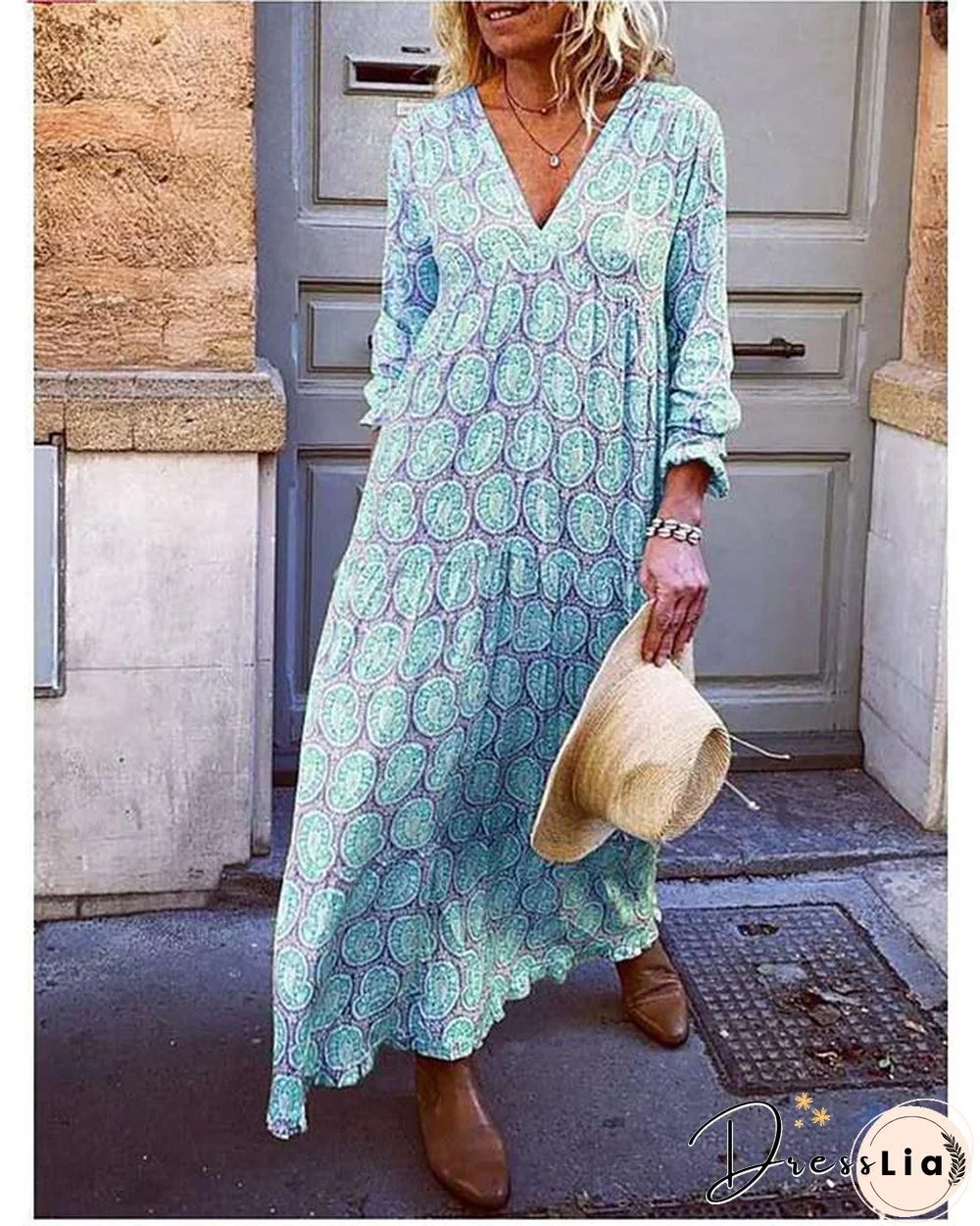 Women's A-Line Dress Maxi long Dress - Long Sleeve Print Patchwork Print Fall Winter Casual Blue Yellow Blushing Pink S M L XL XXL