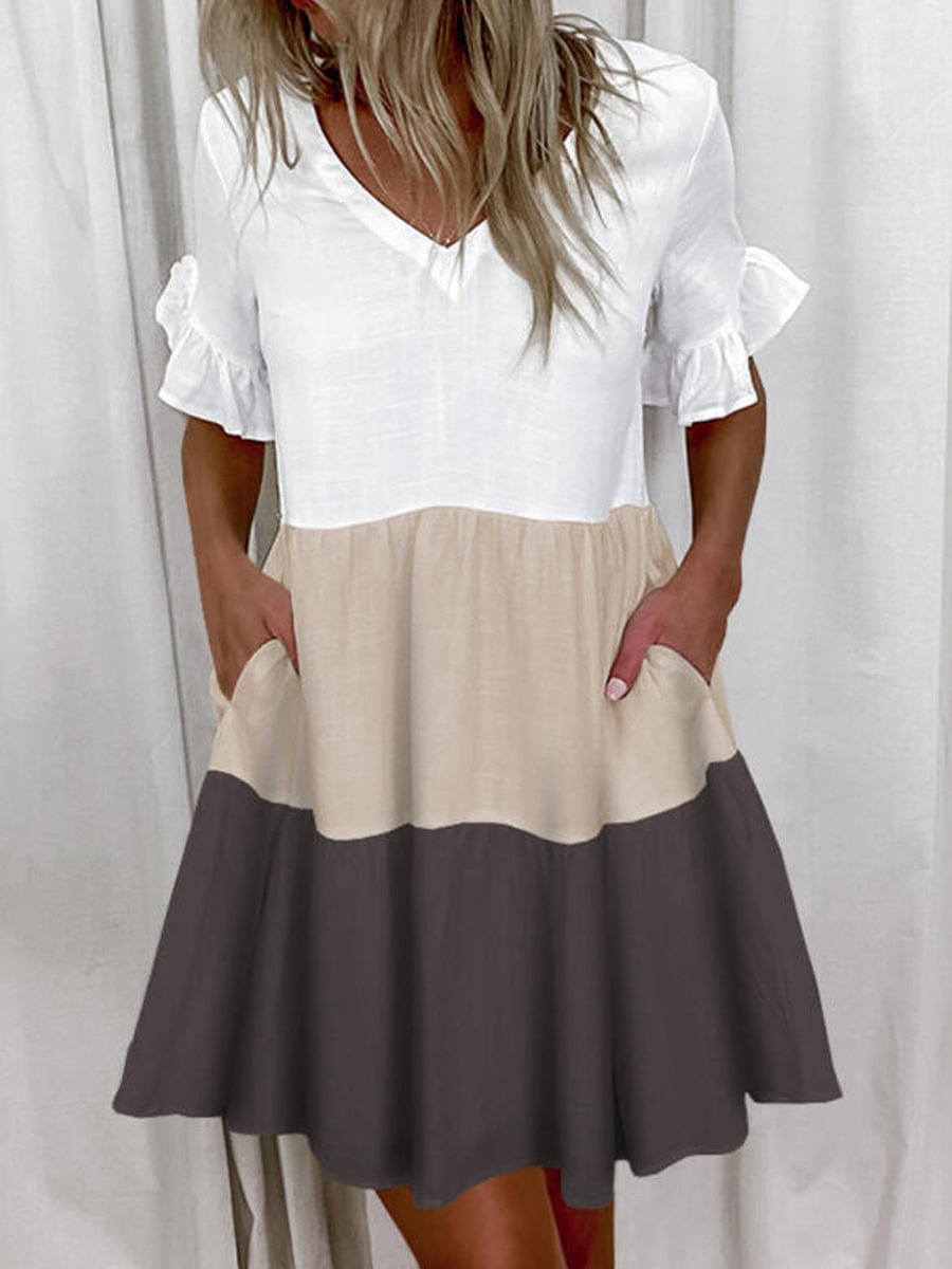 Fashion Printed Pocket V-neck Dress