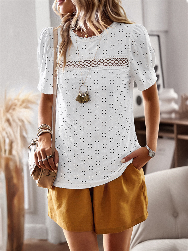 Round Neck Stitching Tops Solid Color Spring and Summer Temperament Casual T-shirt