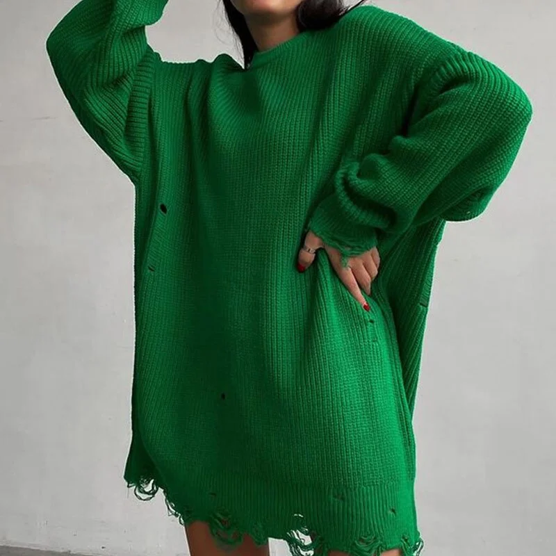 UForever21 Women's Oversized Sweater 2023 Y2K Knitted Green O Neck Long Sleeve Pullover Tops Casual Party  Club Sweaters Dresses Women