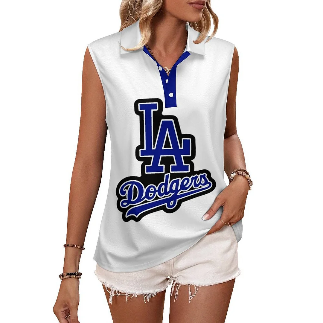 V-neck Sleeveless Casual POLO Shirt Tank Top for Women Printed with Pattern , Blue, Red,