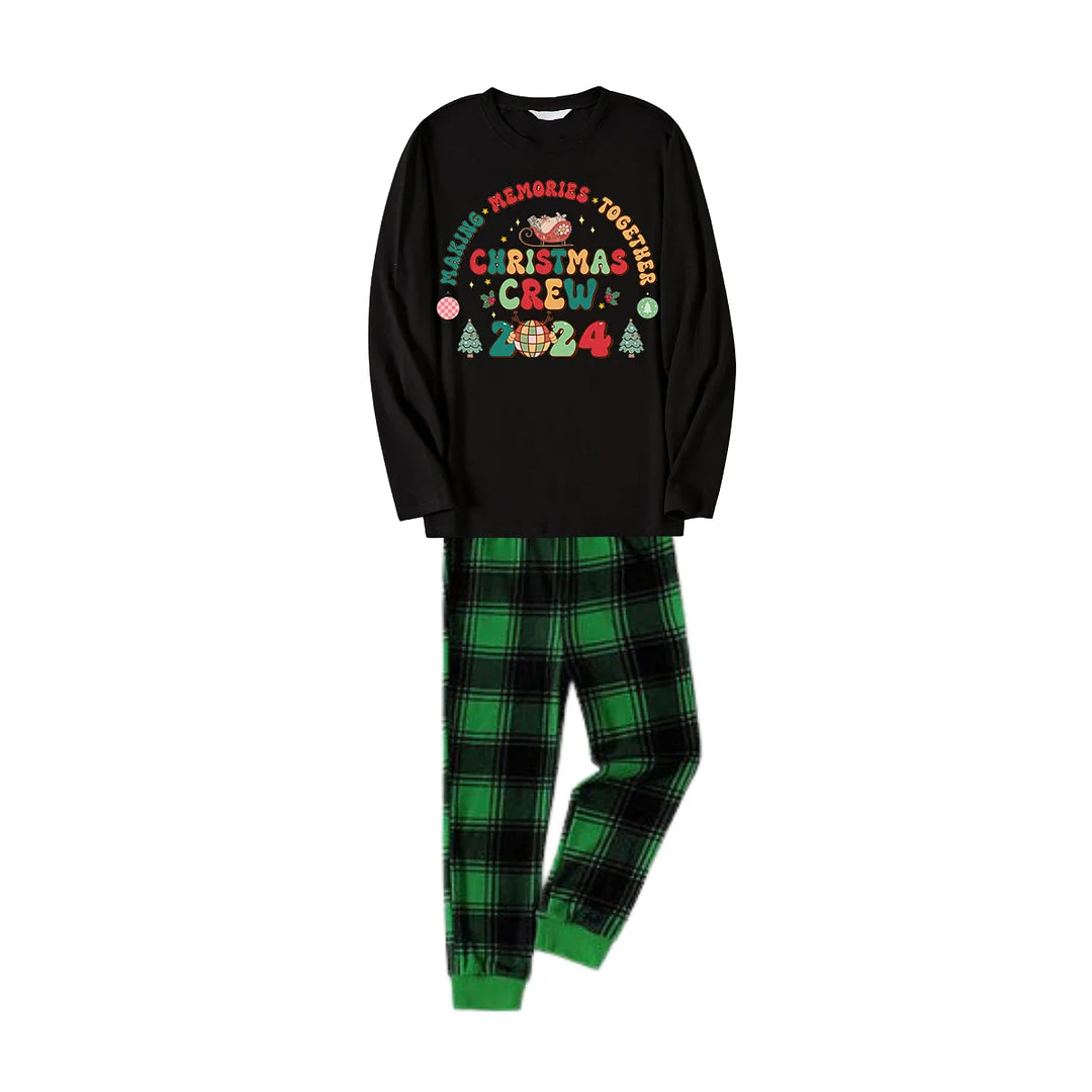 "Making Memories Together Christmas Crew 2024" Print Black Long Sleeve Top with Black And Green Plaid Pants Family Matching Pajamas
