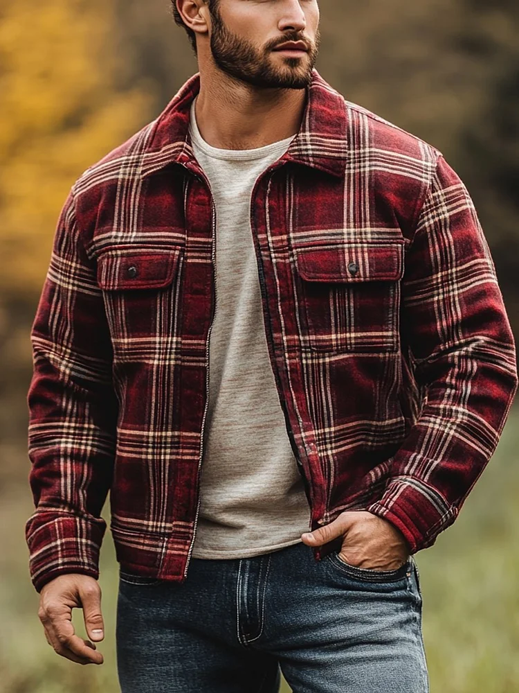 Men's Casual Plaid Long Sleeve Jacket