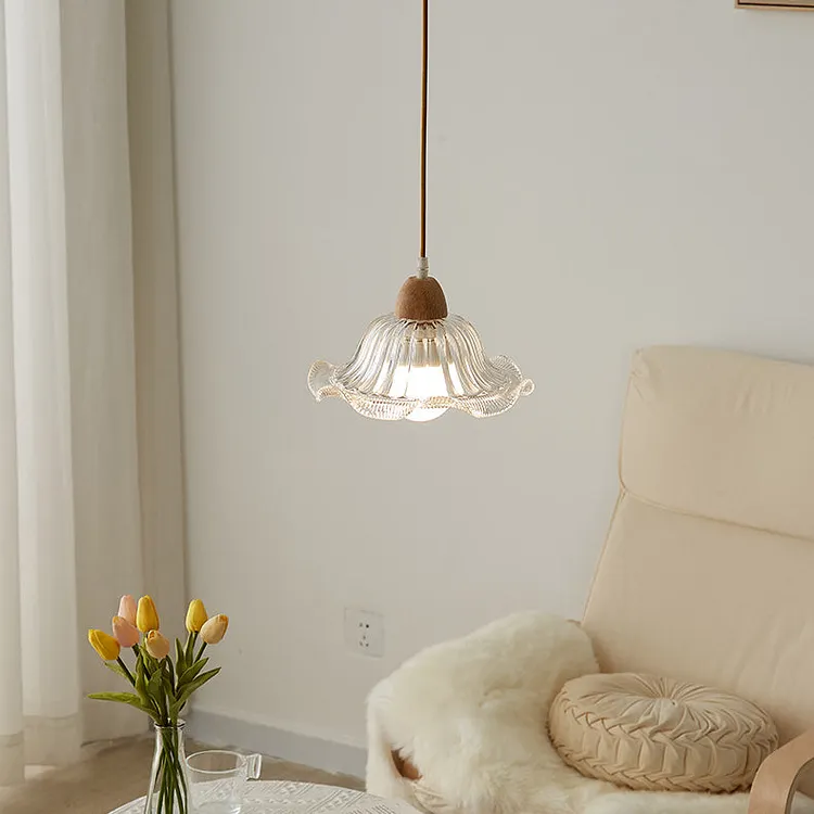Modern Minimalist Round Flower Glass Solid Wood 1-Light Pendant Light For Bedroom