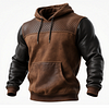 Men's Vintage Brown Leather-Trimmed Hoodie With Perforated Details by Inlyline
