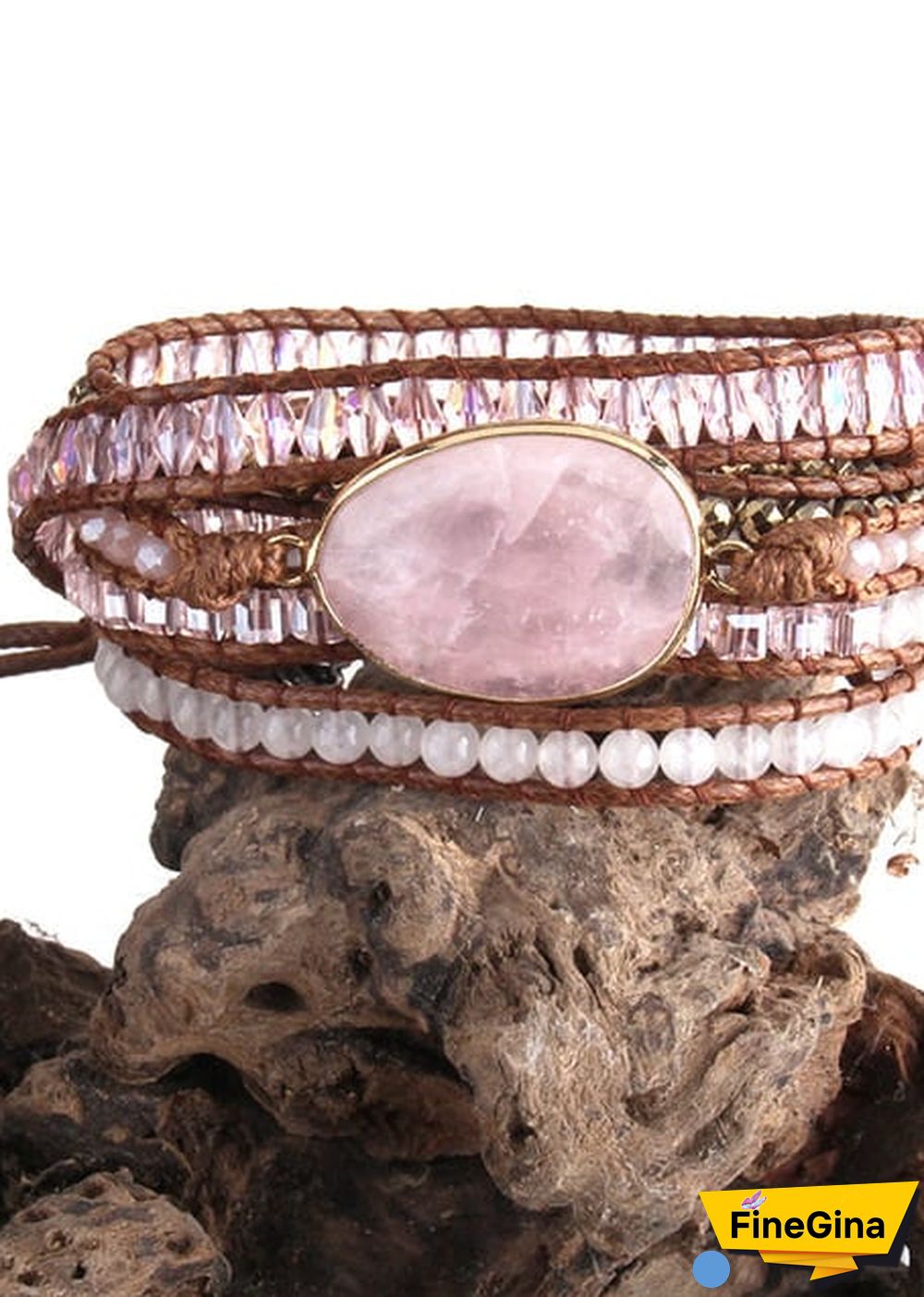 Boho Bracelet, RH 5 Layers Leather Wrap Bracelet, Natural Stones, Crystal Silver
