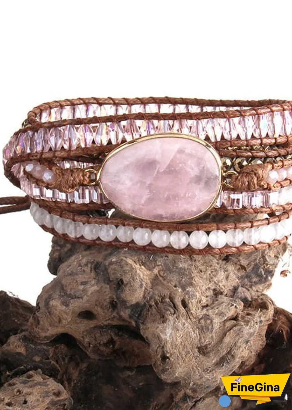Boho Bracelet, RH 5 Layers Leather Wrap Bracelet, Natural Stones, Crystal Silver