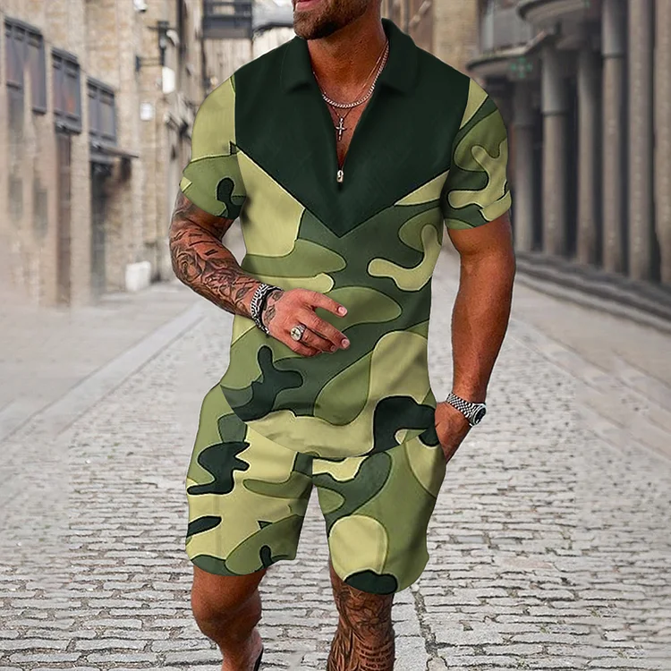 Broswear Men's Camouflage Stitching Short Sleeve Polo Shirt And Shorts Co-Ord