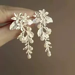 Vintage Alloy Pearl Rose Earrings - Image 4