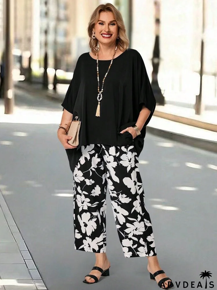 Plus Size Women's Teacher Clothes Fashionable Dark Blue Curved Bind Shirts & Blue And White Flower Printed Pants With Pockets Elegant Going Out Sets Two-Piece Set