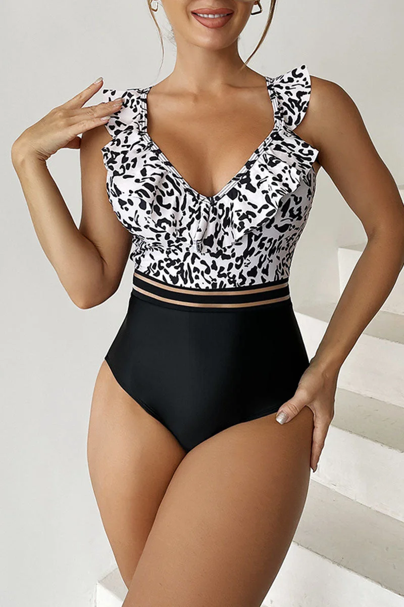 Sexy Print Leopard Patchwork Flounce Swimwears
