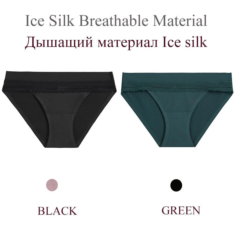 FINETOO 2PCS/Set Woman Lace Sexy Panties Ice Silk Women Underwear Seamless Low-Rise Lingerie Female Breathable Girls Panty 2021