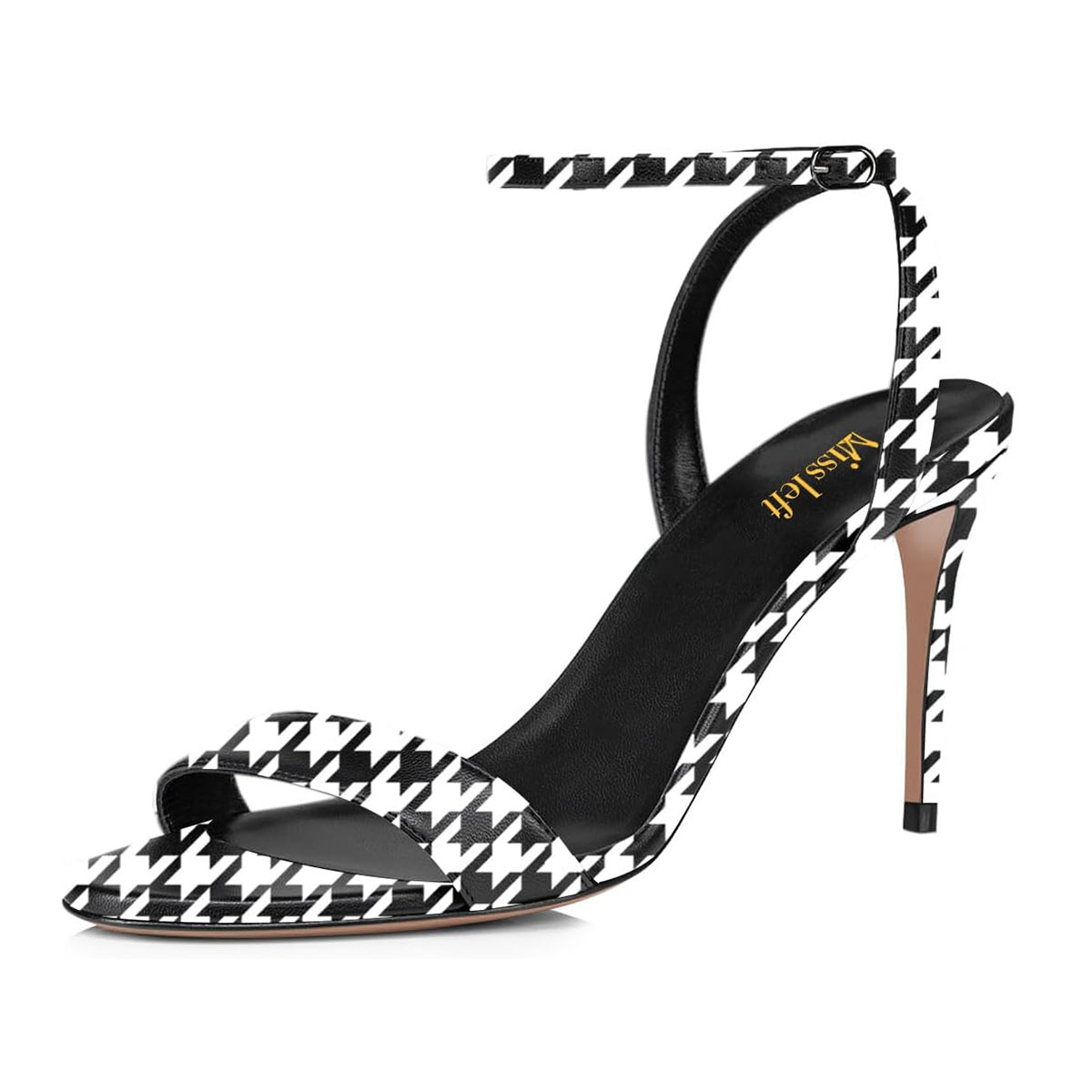 Fashion Houndstooth Buckle Strap Open Toe Stiletto Heeled Sandals Nicepairs