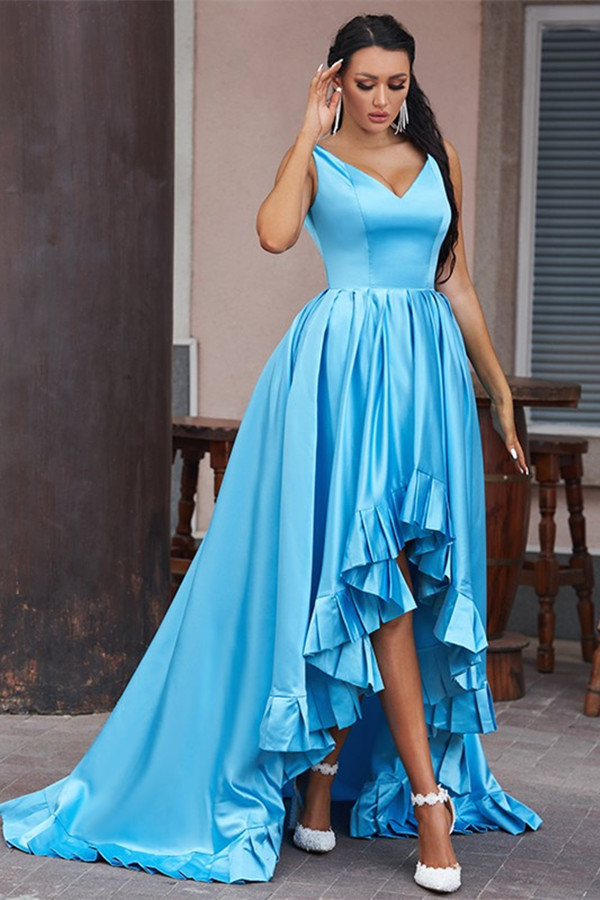 Dresseswow Ocean Blue V-Neck Sleeveless Prom Dress Hi-Lo