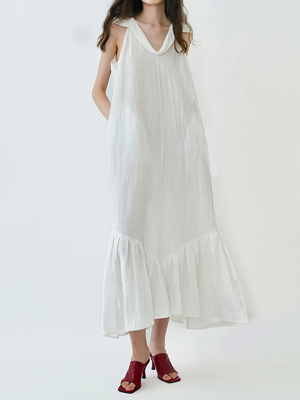 Pleated Hem Sleeveless Side Pocket Loose Midi Dress