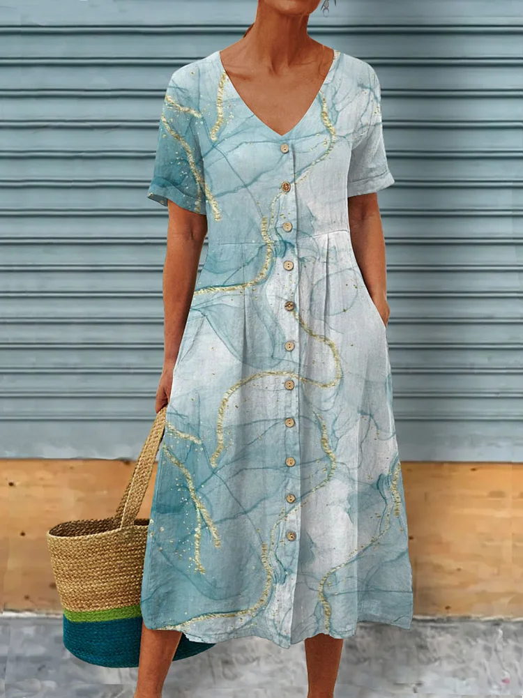 Abstract Art Printed Women's Linen Pocket Tunic Dress socialshop