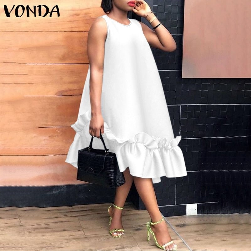 VONDA Summer Bohemian Dress Vintage Solid Maxi Long Dress Party Sundress 2022 VONDA Casual Vestidos Femme Loose Robe