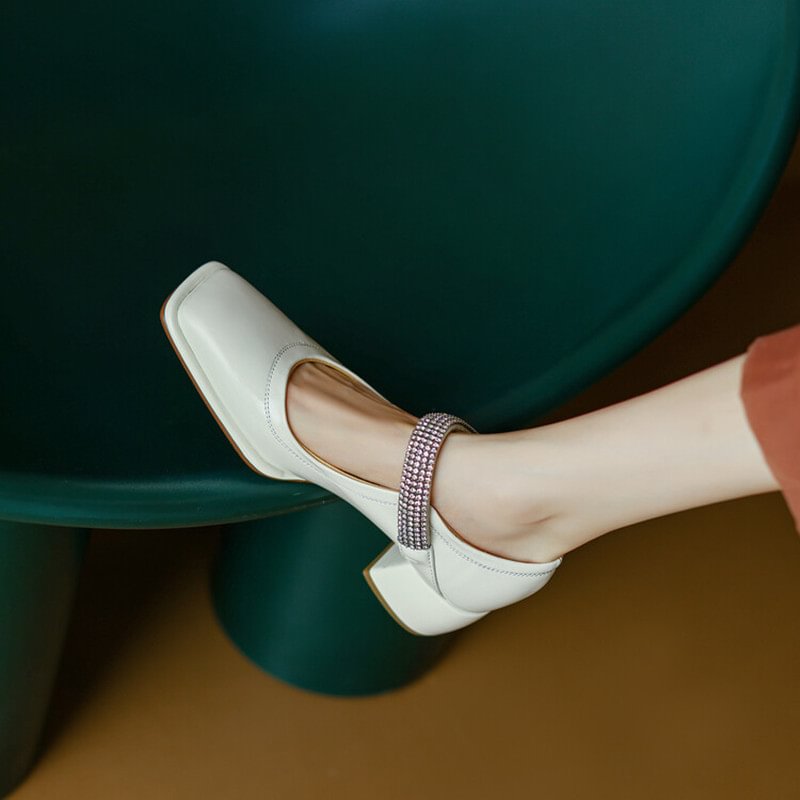 Retro Rhinestone Strap Square Toe Pumps-PABIUYOU- Women's Fashion Leader
