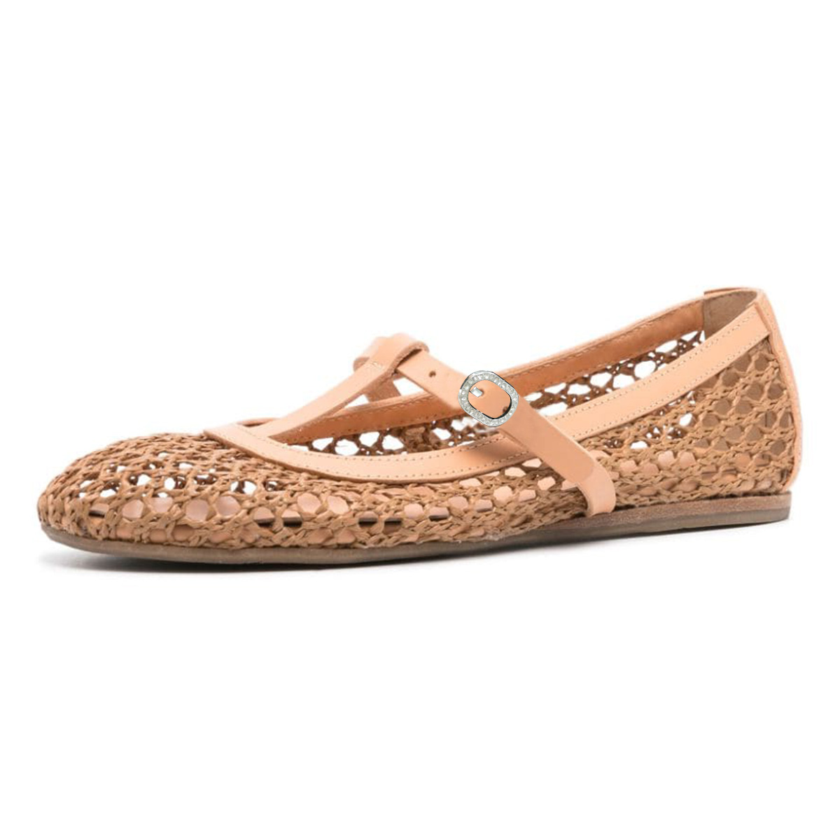 Nude Raffia Woven Cut-Out T-Strap Ballet Flats with Rhinestone Buckle Nicepairs