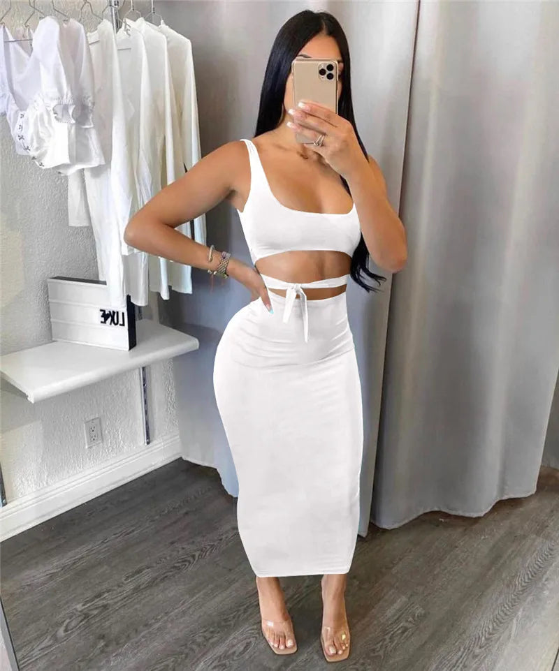 Summer Party Solid Color Dress Sets Sexy Women's Two Pieces Lace-up Straps Crop Tank Tops+Maxi Bodycon Skirts LANFUBEISI