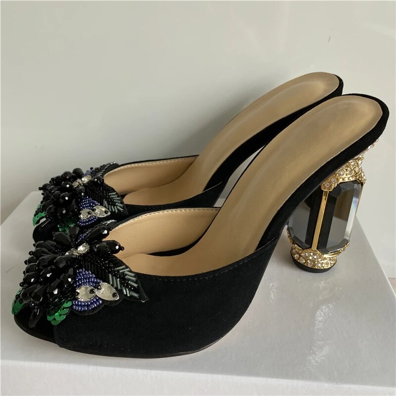 VCSHOES Sequined Beads Flower Party Shoes Jeweled Diamond High Heel Open Toe Suede Rhinestone Sandals Women
