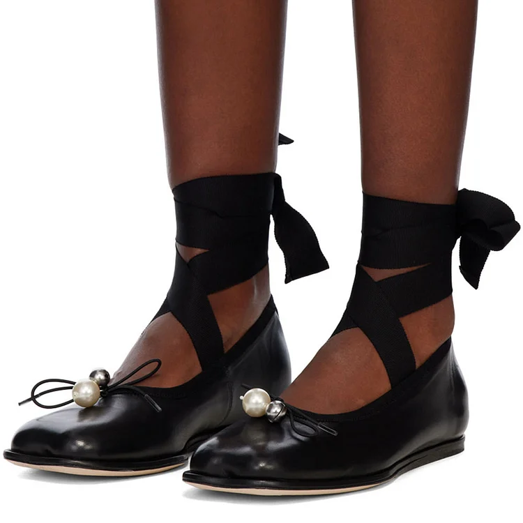 Black Square Toe Pearl Bow Decor Lace Up Ankle Strap Ballet Flats |FSJ Shoes
