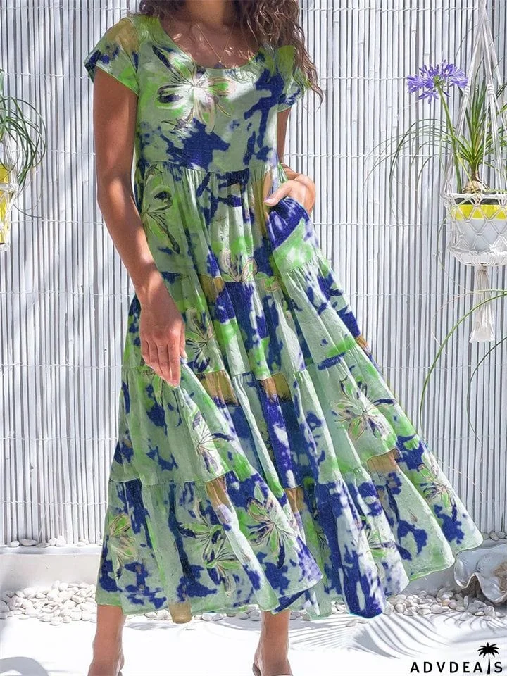 Elegant Printed Short Sleeve Round Neck High Waist Dress