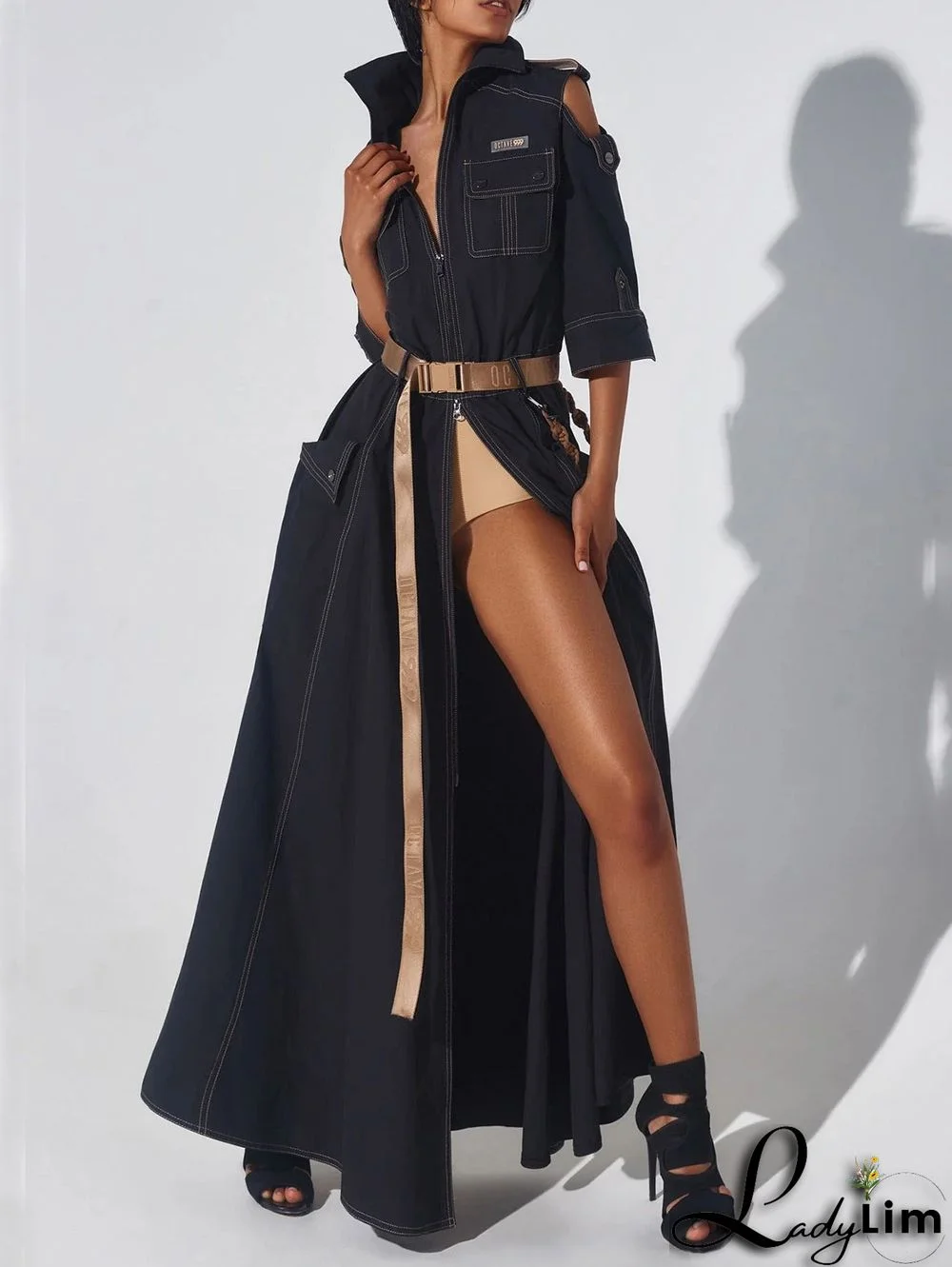 Cold Shoulder Zipper Belt Pockets Half Sleeve Denim Maxi Dress