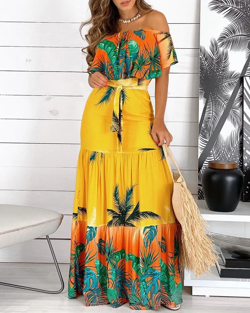 Graduation Gifts 2023 Women Summer  Daily Wear Off Shoulder Tropical Print Ruffles Maxi Dress Casual Bodycon Party Long Dresses With Belt